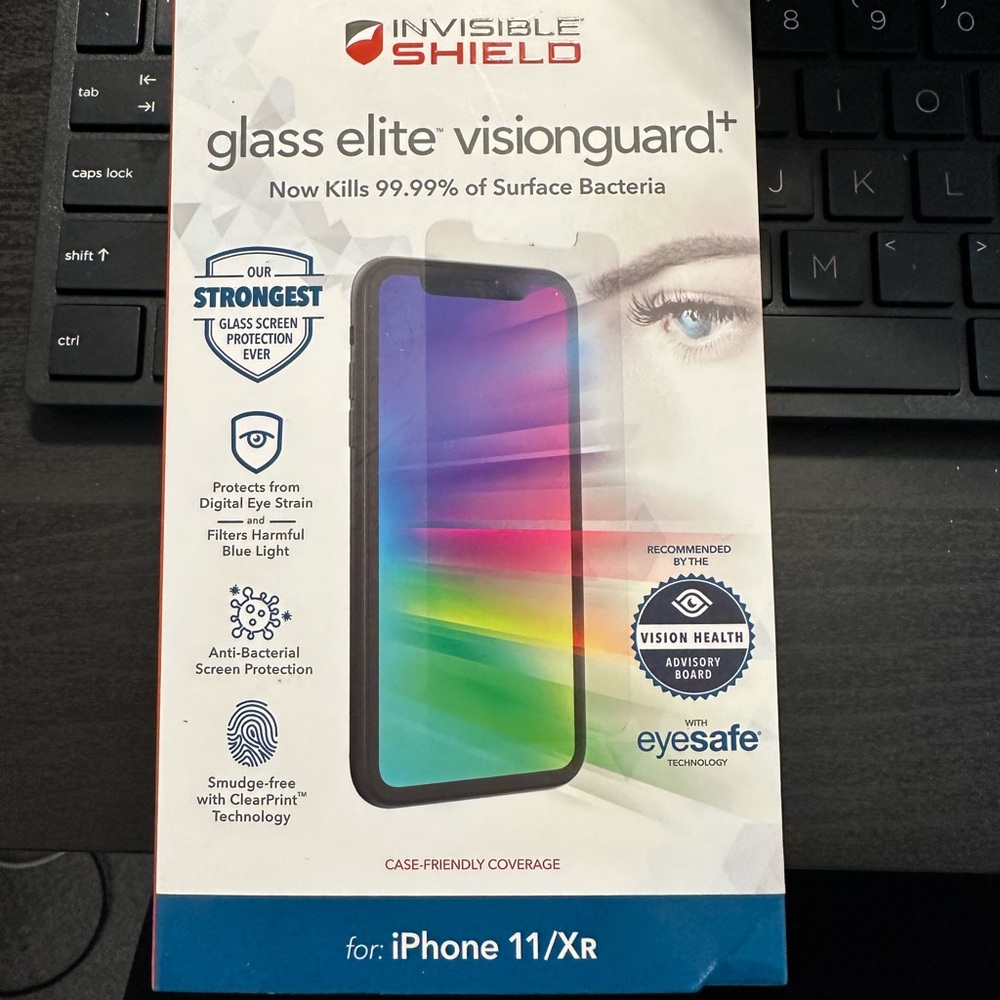 Zagg Invisible Shield glass elite visionguard kills bacteria for iPhone 11/XR